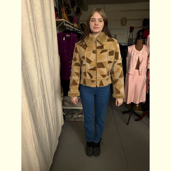 Vintage Suede Patchwork Brown+Tan+Beige Zip Up Jacket - Picture 2 of 6